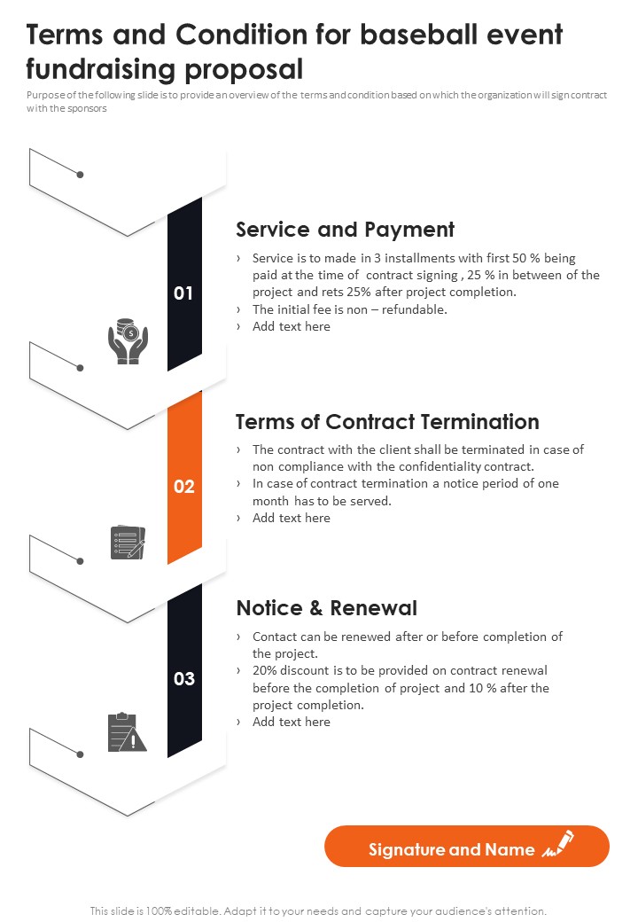 Terms And Condition For Baseball Event Fundraising Proposal One Pager Sample Example Document