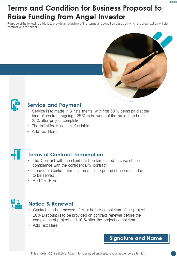 Terms And Condition For Business Proposal To Raise Funding From Angel Investor One Pager Sample Example Document
