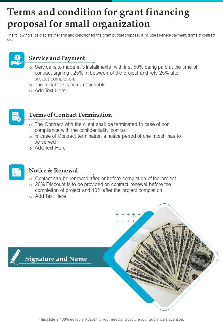 Terms And Condition For Grant Financing Proposal For Small Organization One Pager Sample Example Document