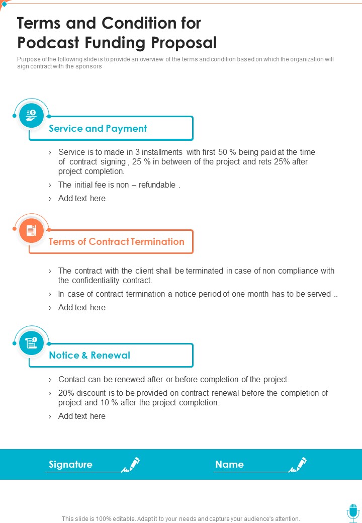 Terms And Condition For Podcast Funding Proposal One Pager Sample Example Document
