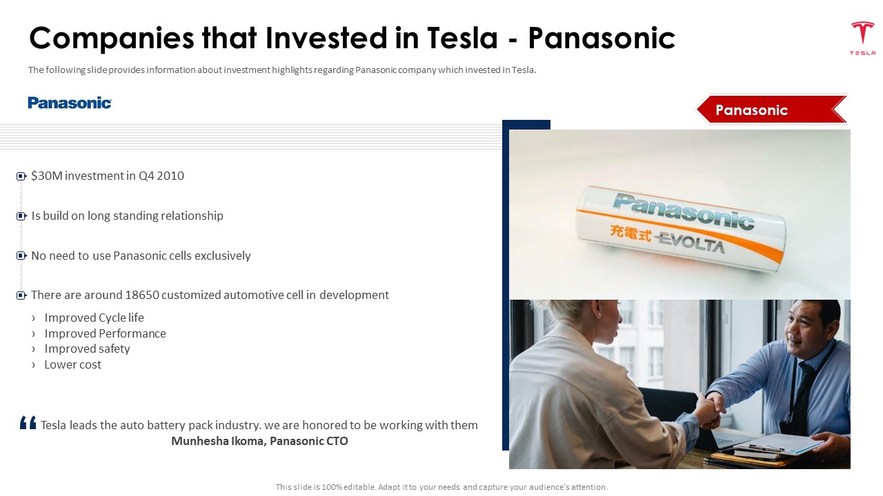 Tesla Capital Raising Elevator Companies That Invested In Tesla Panasonic Ppt PowerPoint Presentation File Graphics PDF