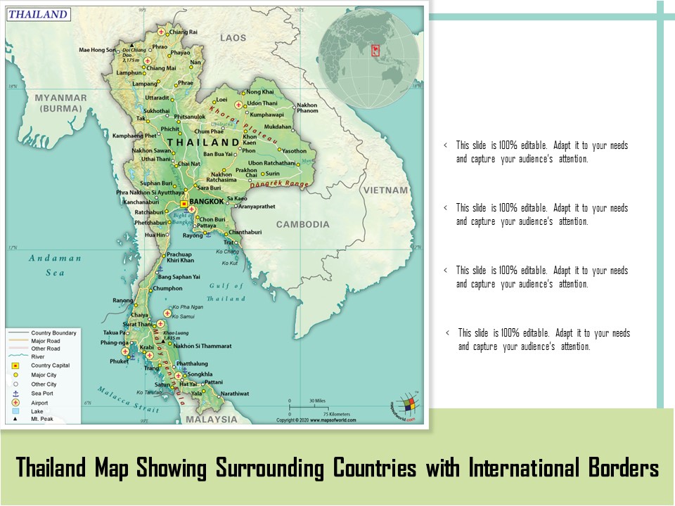 Thailand Map Showing Surrounding Countries With International Borders Ppt PowerPoint Presentation File Portfolio PDF