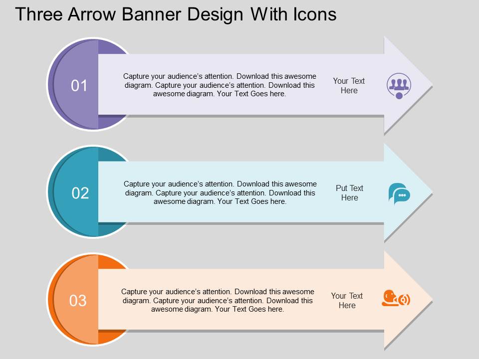 Three Arrow Banner Design With Icons Powerpoint Template
