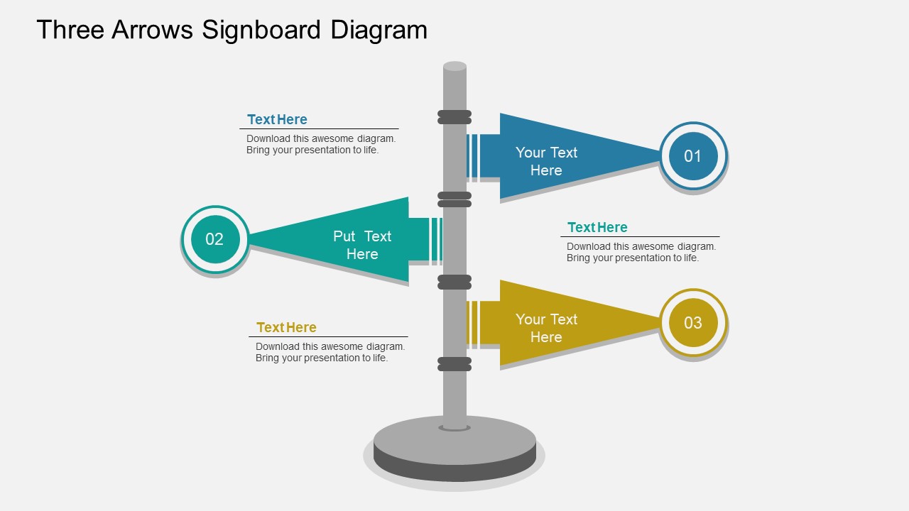 Three Arrows Signboard Diagram PowerPoint Template