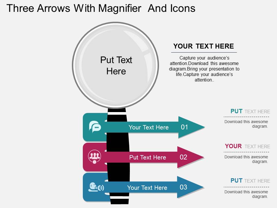 Three Arrows With Magnifier And Icons PowerPoint Template