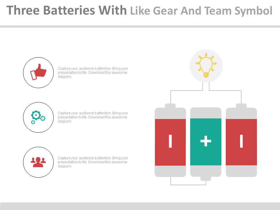 Three Batteries With Positive Negative Signs Powerpoint Slides