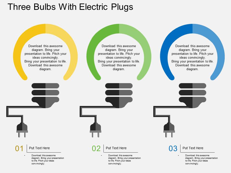 Three Bulbs With Electric Plugs Powerpoint Template