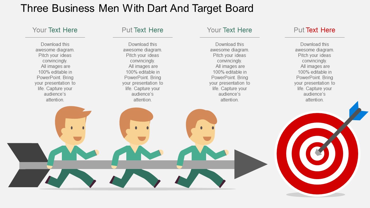 Three Business Men With Dart And Target Board PowerPoint Template