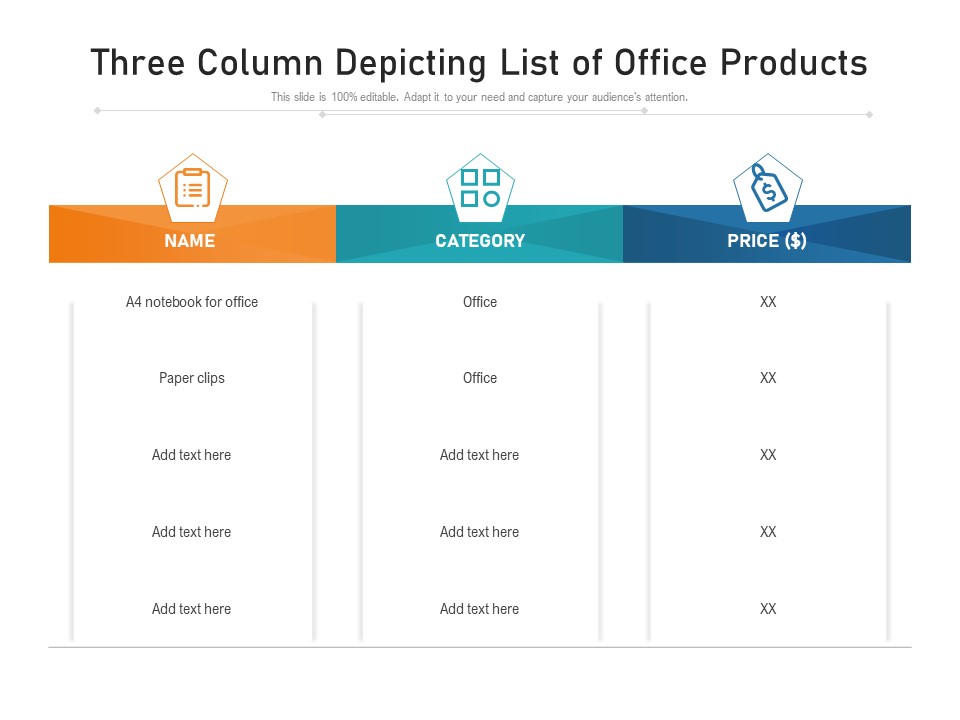 Three Column Depicting List Of Office Products Ppt PowerPoint Presentation File Format PDF