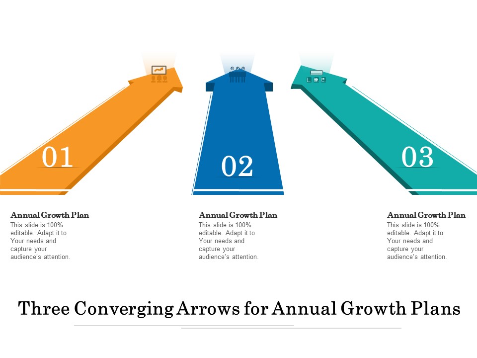 Three Converging Arrows For Annual Growth Plans Ppt PowerPoint Presentation Ideas Example PDF