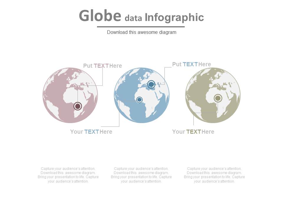 Three Globes With Area Pointers PowerPoint Slides