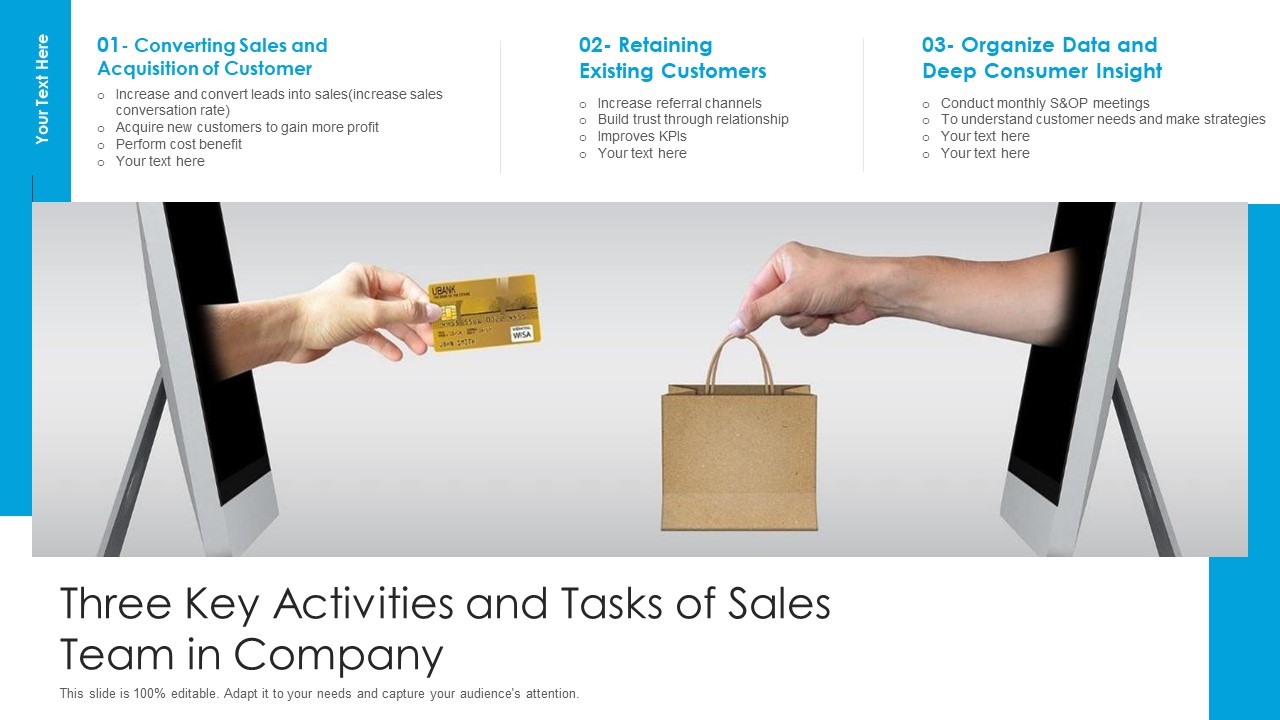 Three Key Activities And Tasks Of Sales Team In Company Ppt Outline Example File PDF