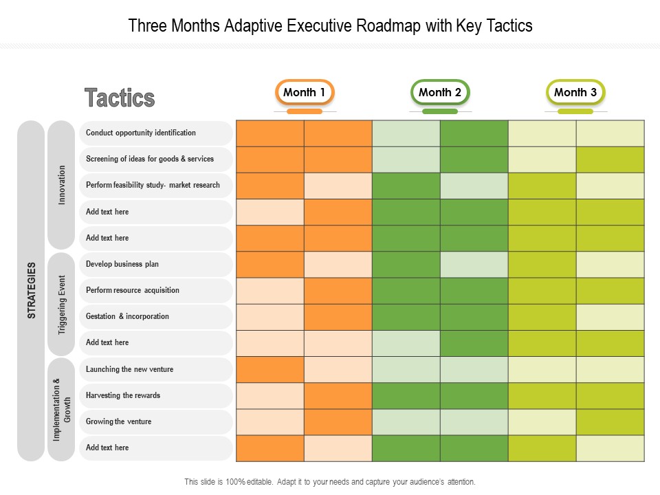 Three Months Adaptive Executive Roadmap With Key Tactics Themes