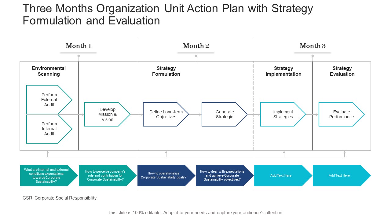 Three Months Organization Unit Action Plan With Strategy Formulation And Evaluation Ideas