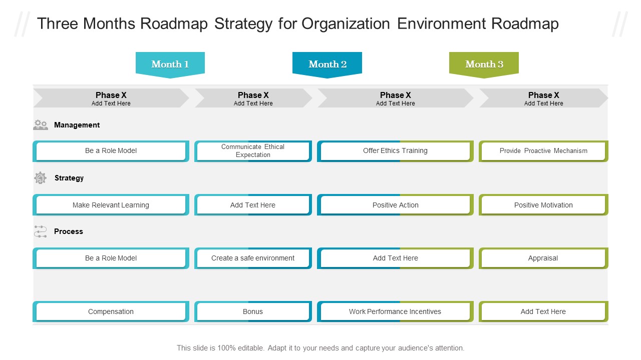Three Months Roadmap Strategy For Organization Environment Roadmap Graphics PDF