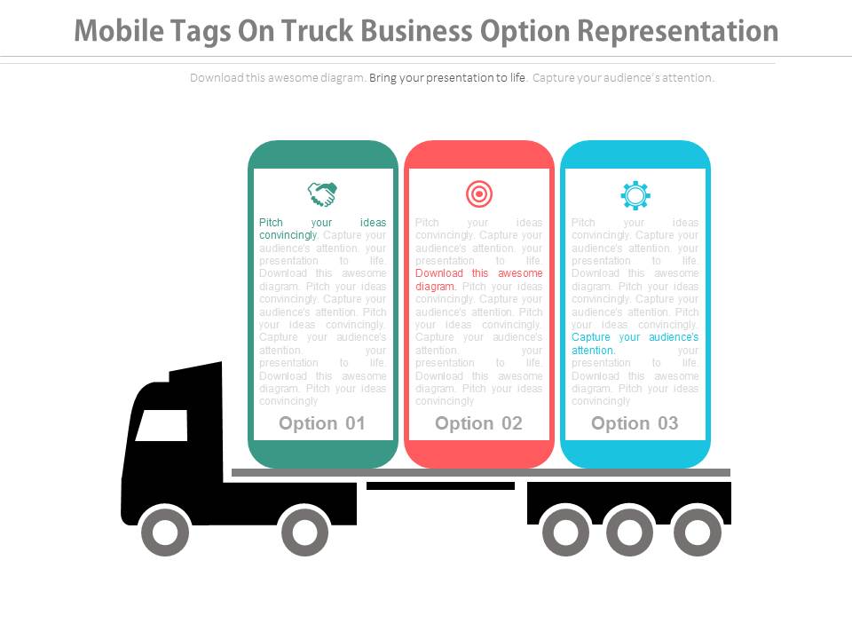 Three Options Tags On Truck For Business Powerpoint Slides