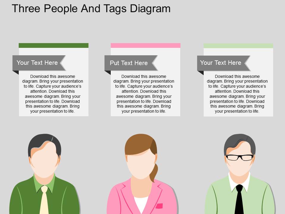 Three People And Tags Diagram Powerpoint Template