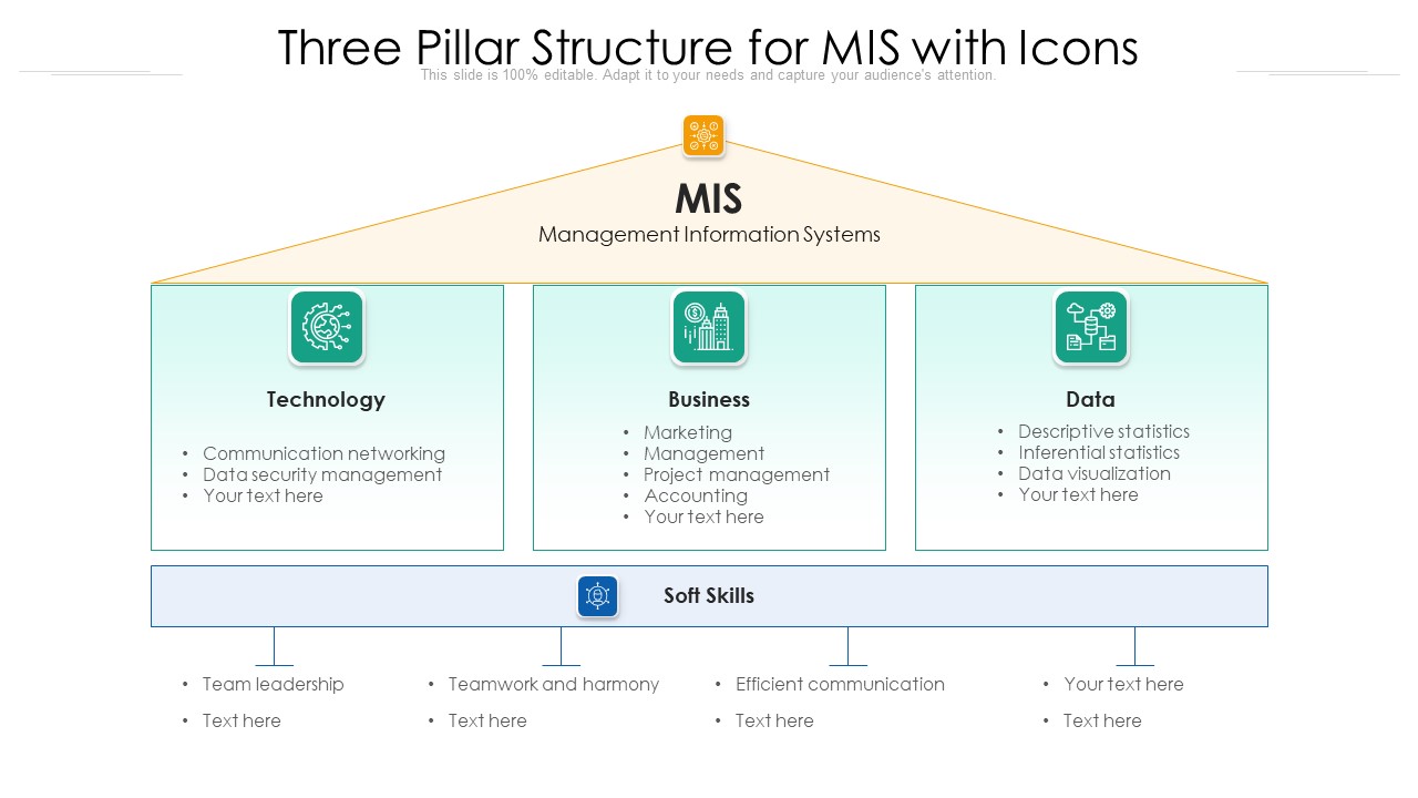 Three Pillar Structure For MIS With Icons Ppt PowerPoint Presentation Icon Graphics PDF