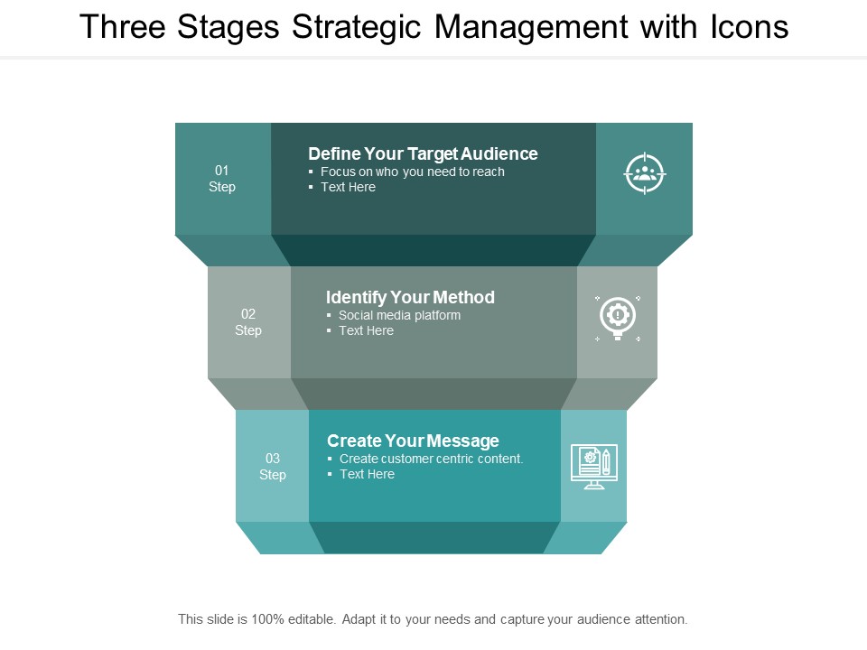 Three Stages Strategic Management With Icons Ppt PowerPoint Presentation Show Design Templates