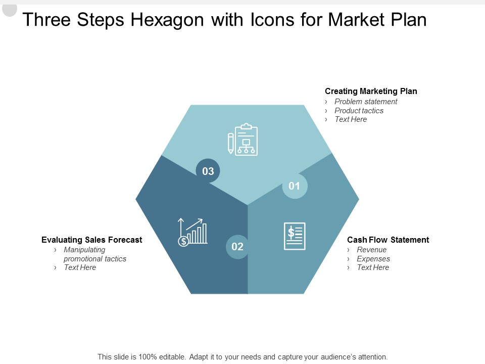 Three Steps Hexagon With Icons For Market Plan Ppt PowerPoint Presentation Show Outline