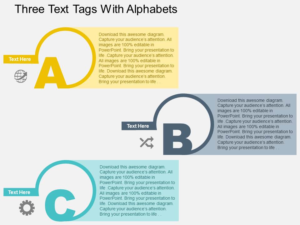 Three Text Tags With Alphabets Powerpoint Templates