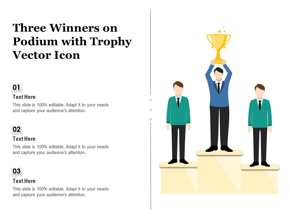 Three Winners On Podium With Trophy Vector Icon Ppt PowerPoint Presentation Outline Background Designs PDF