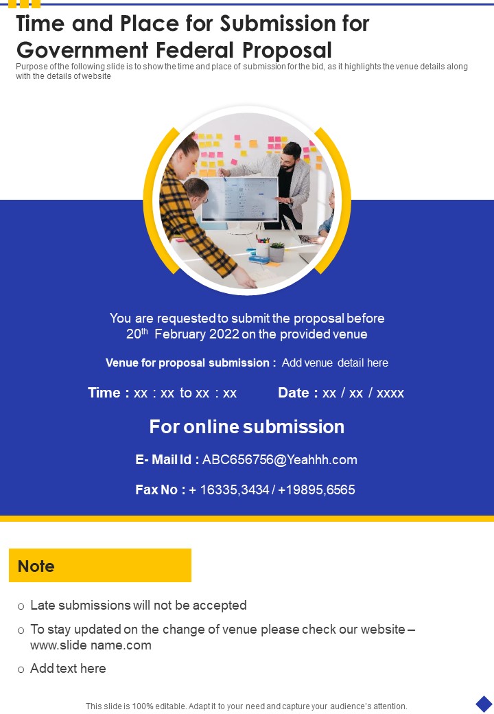 Time And Place For Submission For Government Federal Proposal One Pager Sample Example Document