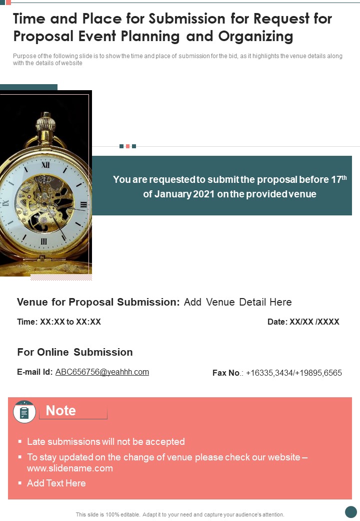 Time And Place For Submission For Request For Proposal Event Planning And Organizing One Pager Sample Example Document