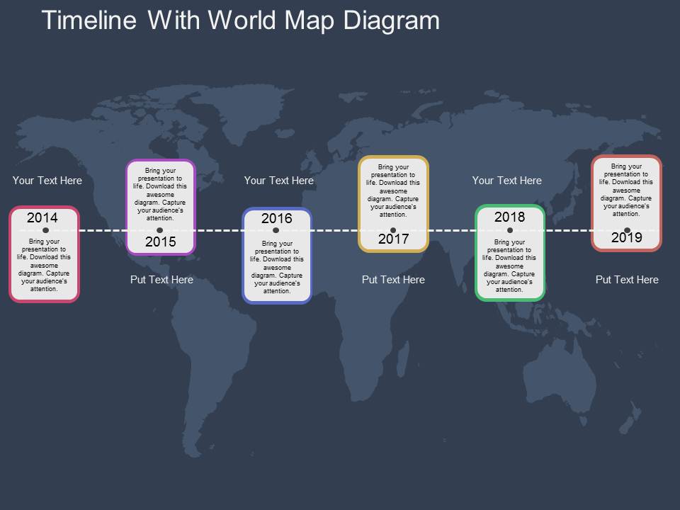 Timeline With World Map Diagram Powerpoint Template