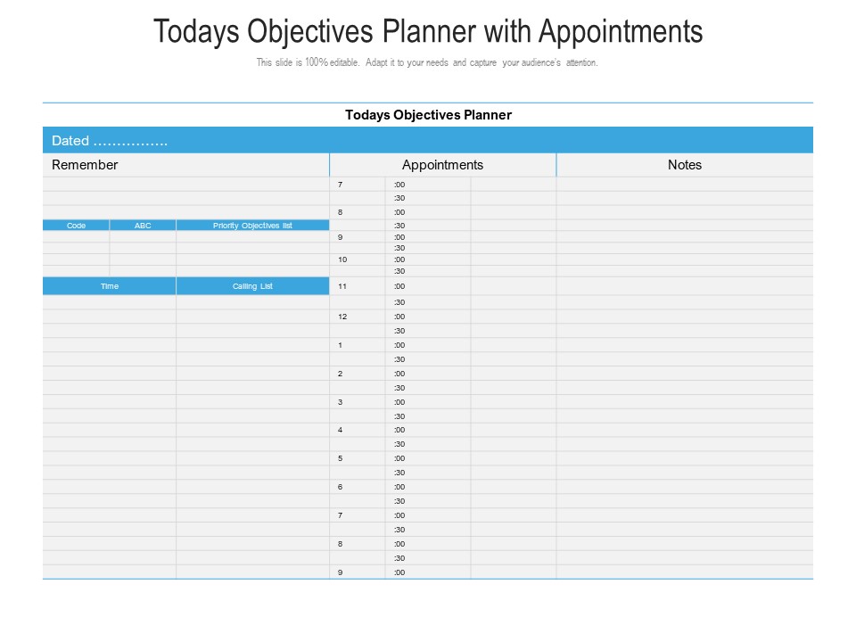 Todays Objectives Planner With Appointments Ppt PowerPoint Presentation Gallery Graphics Download PDF