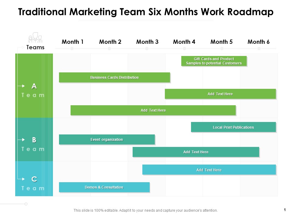 Traditional Marketing Team Six Months Work Roadmap Slides