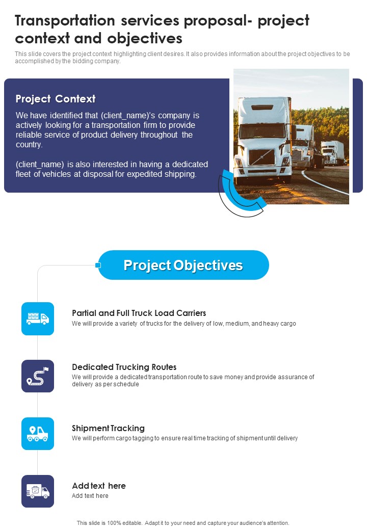 Transportation Services Proposal Project Context And Objectives One Pager Sample Example Document
