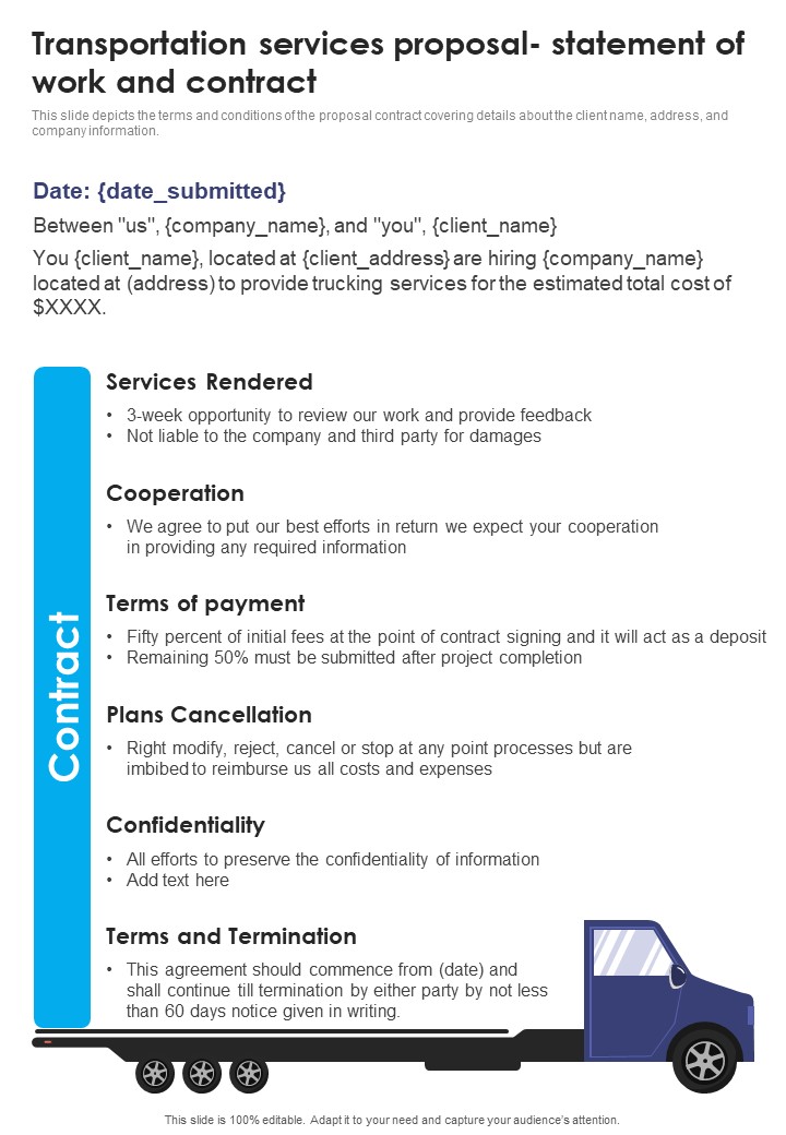 Transportation Services Proposal Statement Of Work And Contract One Pager Sample Example Document