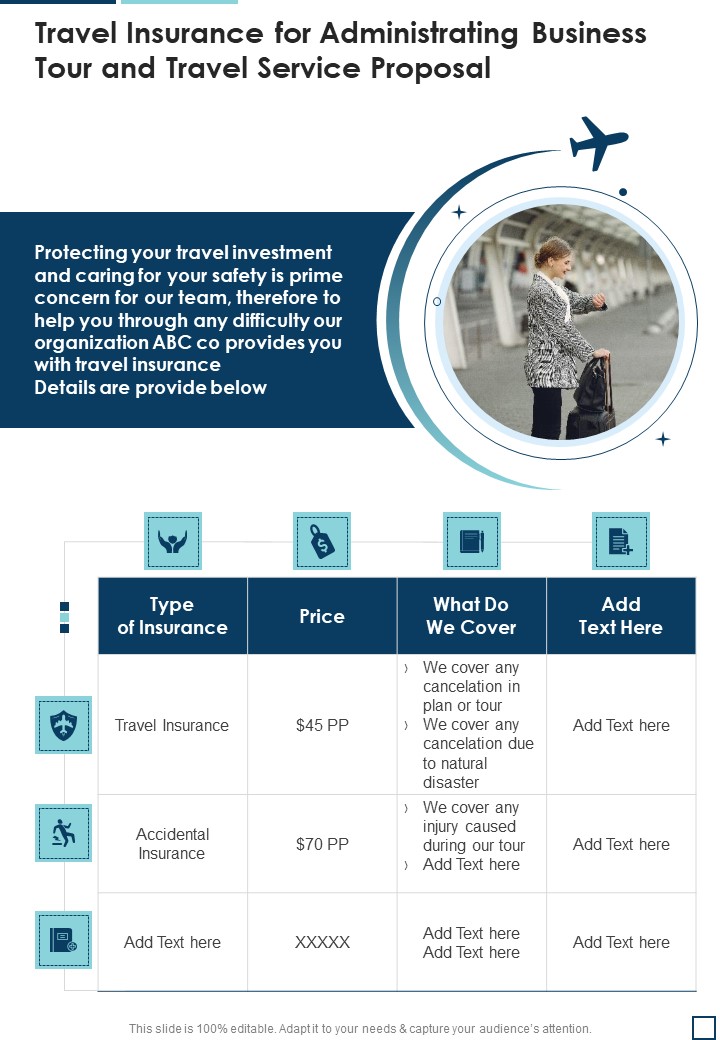 Travel Insurance For Administrating Business Tour And Travel Service Proposal One Pager Sample Example Document
