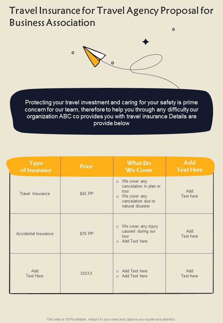 Travel Insurance For Travel Agency Proposal For Business Association One Pager Sample Example Document