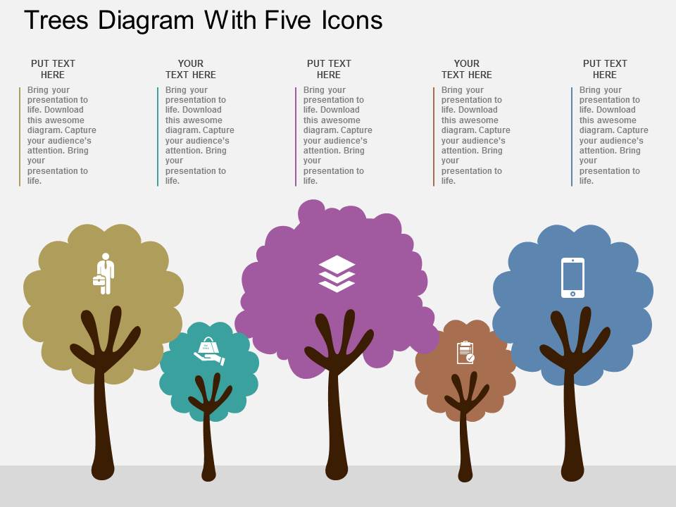 Trees Diagram With Five Icons Powerpoint Template