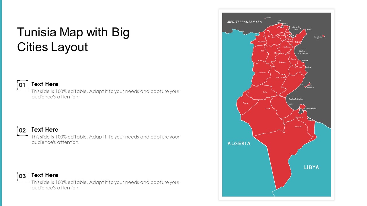 Tunisia Map With Big Cities Layout Ppt PowerPoint Presentation Gallery Example PDF