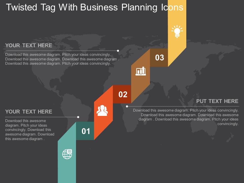 Twisted Tag With Business Planning Icons Powerpoint Template