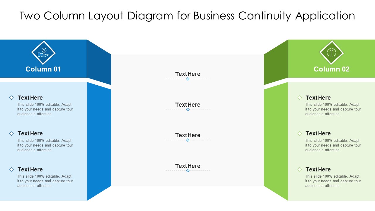 Two Column Layout Diagram For Business Continuity Application Ppt PowerPoint Presentation Gallery Portfolio PDF