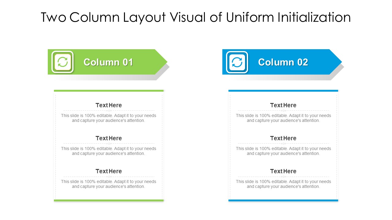 Two Column Layout Visual Of Uniform Initialization Ppt PowerPoint Presentation Show Example File PDF
