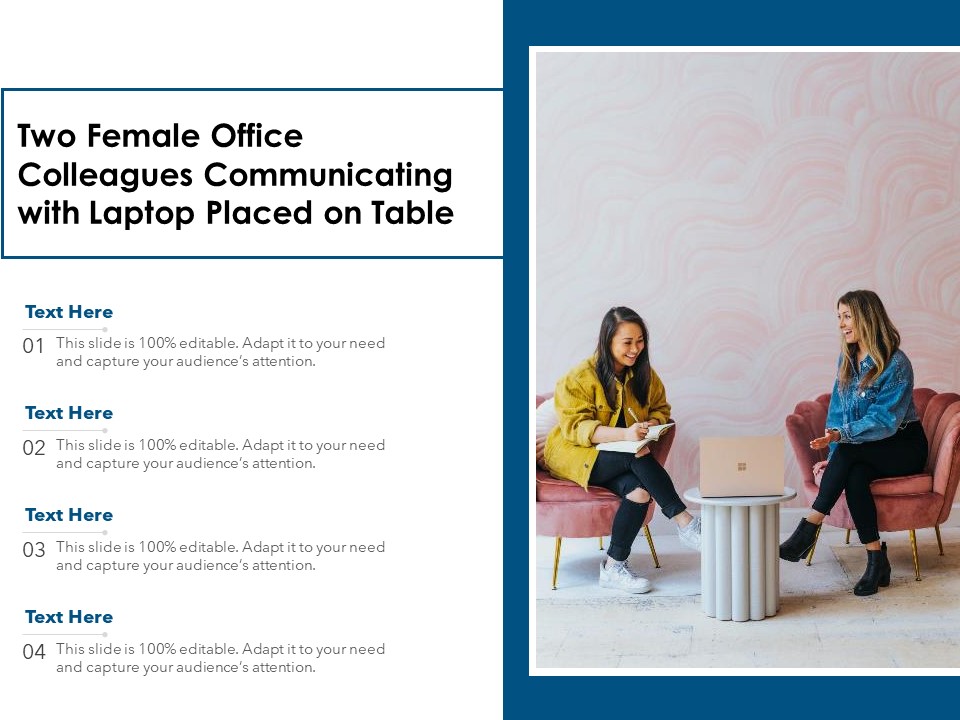 Two Female Office Colleagues Communicating With Laptop Placed On Table Ppt PowerPoint Presentation Model Elements PDF