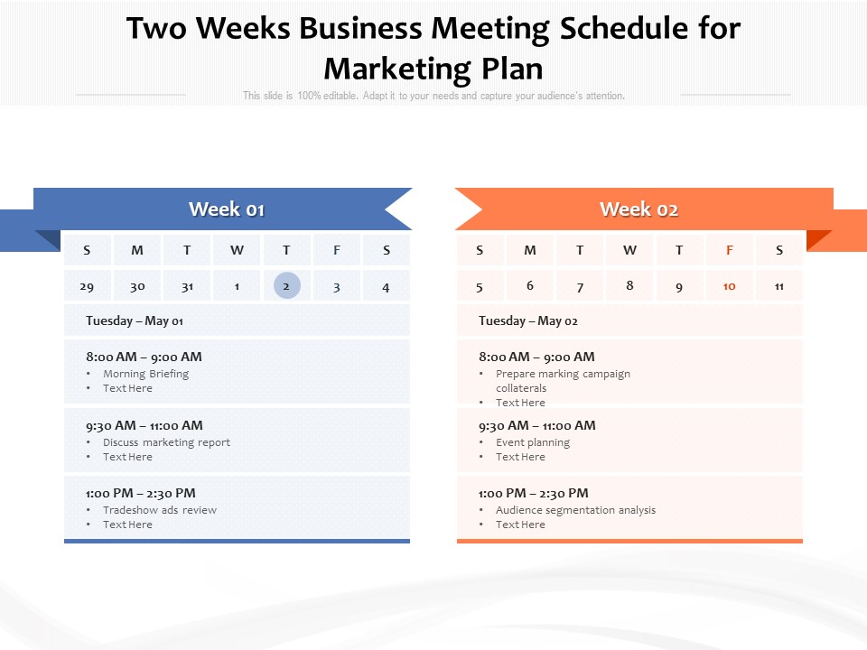 Two Weeks Business Meeting Schedule For Marketing Plan Ppt PowerPoint Presentation Slides Summary PDF