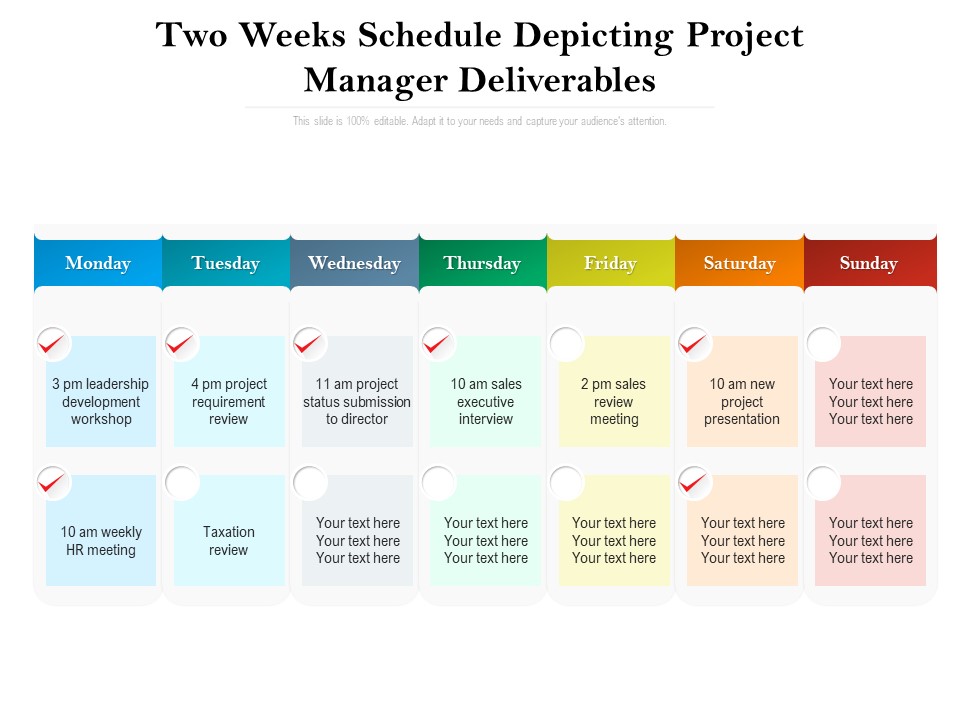 Two Weeks Schedule Depicting Project Manager Deliverables Ppt PowerPoint Presentation Model Picture PDF