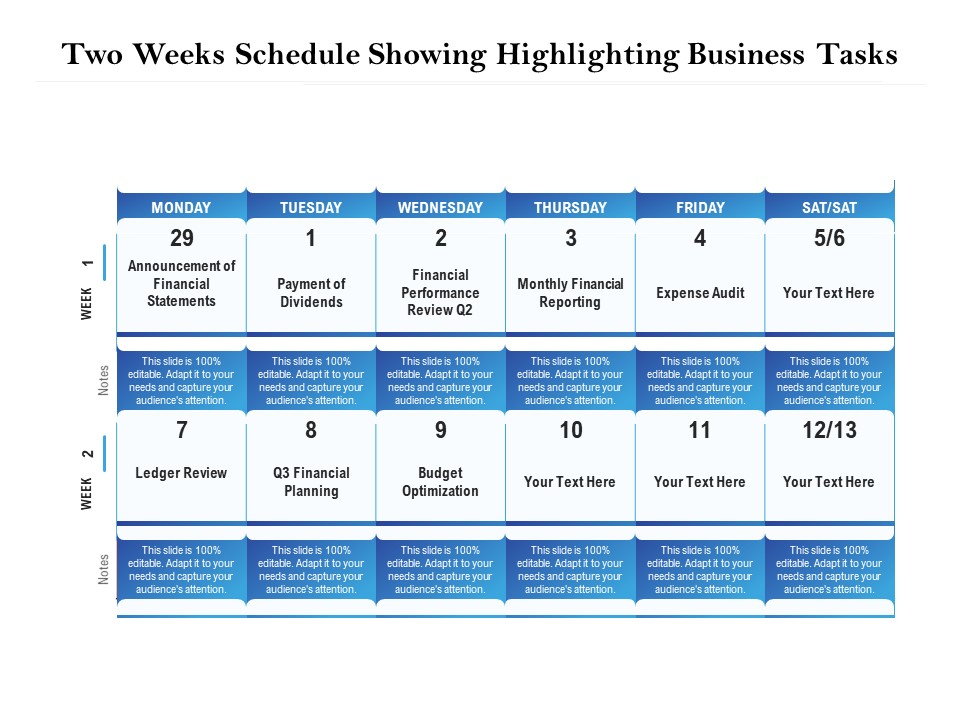 Two Weeks Schedule Showing Highlighting Business Tasks Ppt PowerPoint Presentation Pictures Background Designs PDF