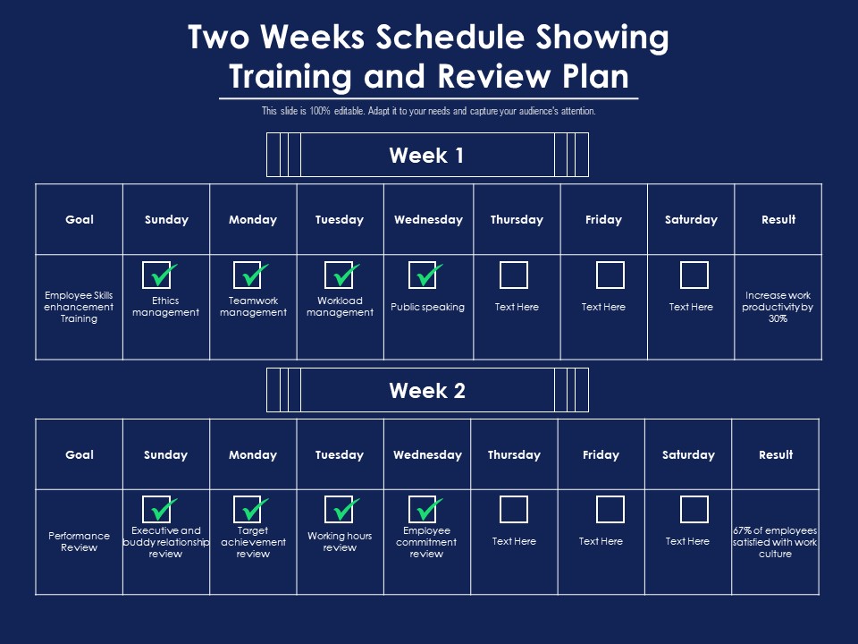 Two Weeks Schedule Showing Training And Review Plan Ppt PowerPoint Presentation Ideas Graphic Tips PDF
