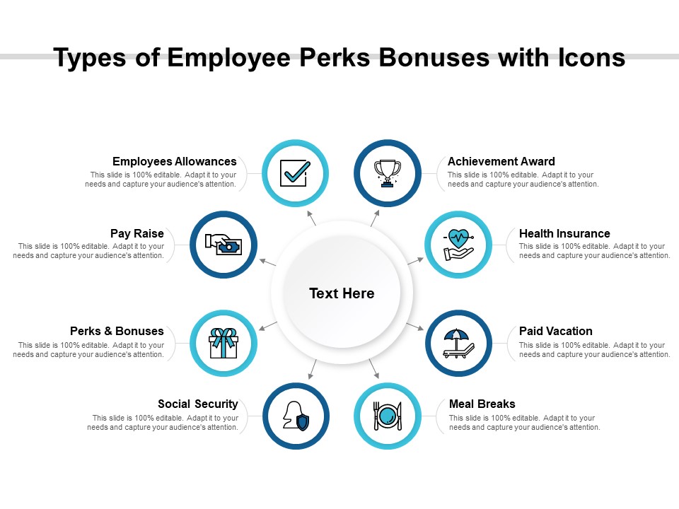 Types Of Employee Perks Bonuses With Icons Ppt PowerPoint Presentation Portfolio Graphics Pictures