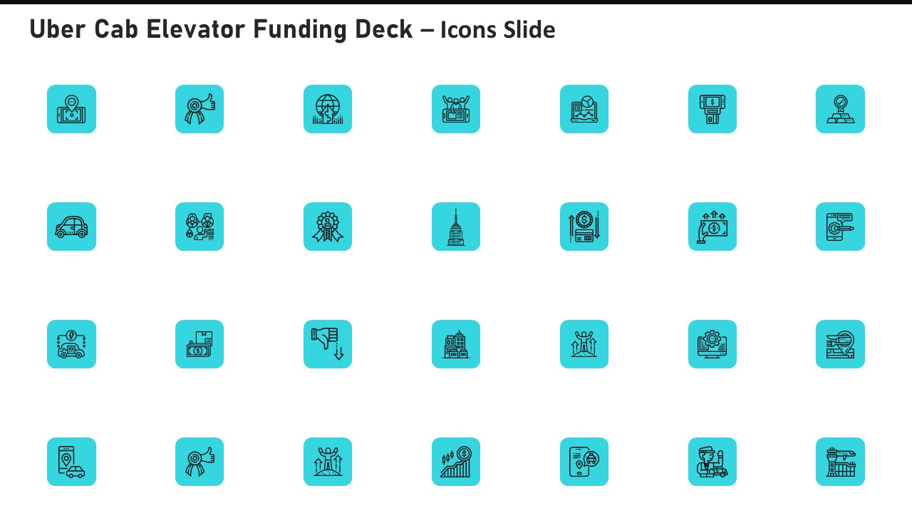 Uber Cab Elevator Funding Deck Icons Slide Uber Cab Elevator Funding Deck Ppt Show Mockup PDF