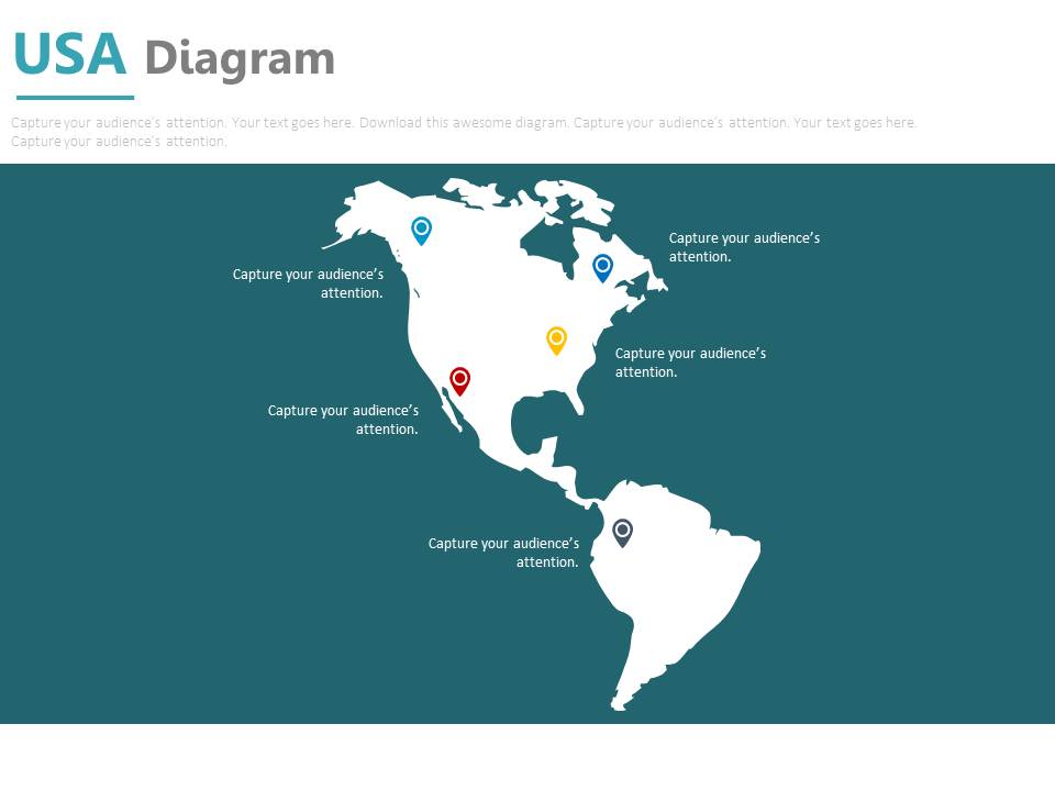 Usa Map With Various Location Pointers Powerpoint Slides
