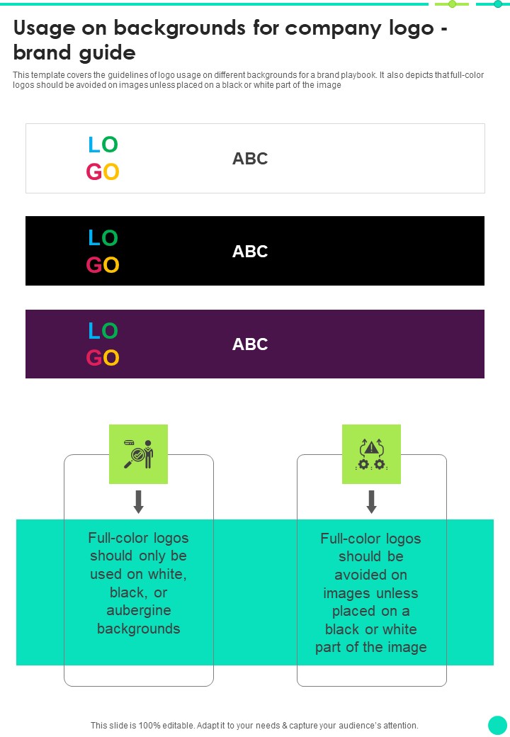 Usage On Backgrounds For Company Logo Brand Guide One Pager Sample Example Document