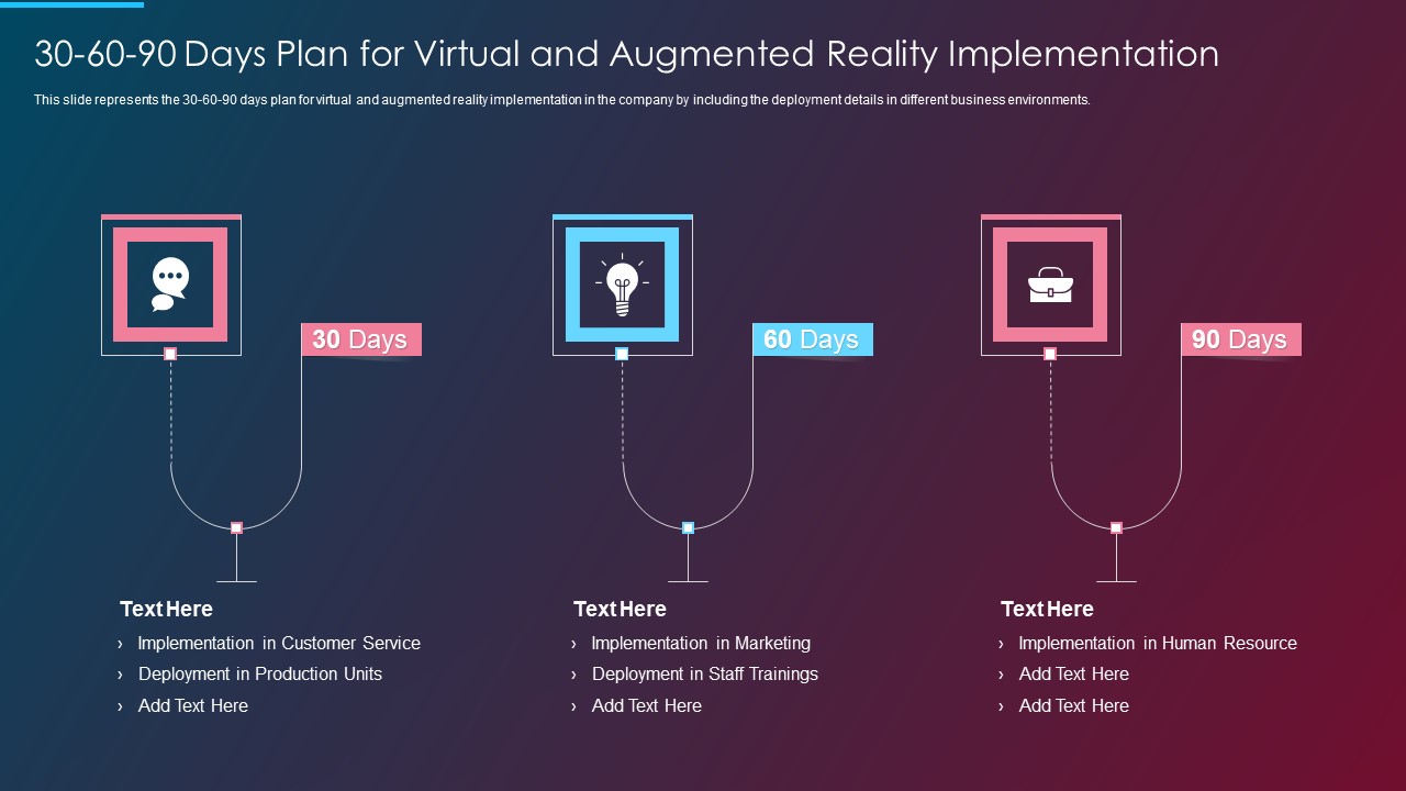 VR And AR IT 30 60 90 Days Plan For Virtual And Augmented Reality Implementation Ppt Inspiration Gallery PDF